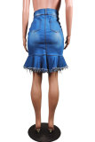 Blue Denim Button Fly Sleeveless High Patchwork Solid Hip skirt Capris Bottoms