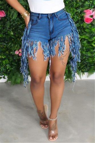 Fashion Sexy Mid Waist Tassel Denim Shorts