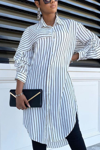Elegant Striped Fold Turndown Collar Outerwear