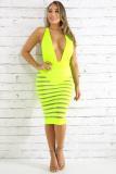 Fashion Sexy adult Yellow Off The Shoulder Sleeveless Slip Step Skirt Knee-Length Striped Patchwork Mesh Solid backless perspective Dresses
