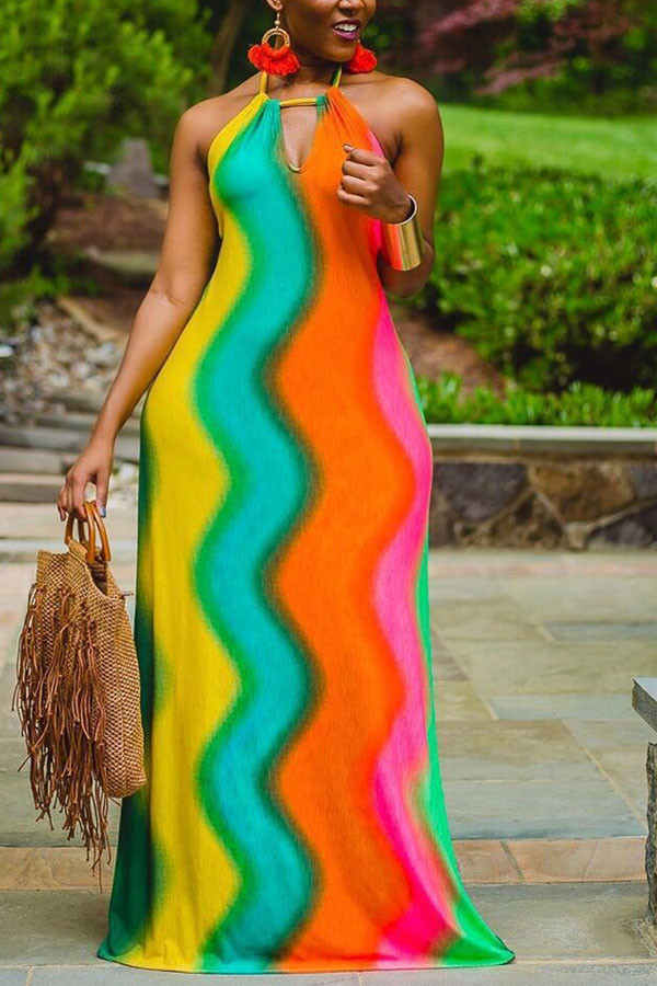 Sexy The lime green blue and yellow Sleeveless Halter Neck A-Line Floor-Length Striped Print Rainbow backless Dresses