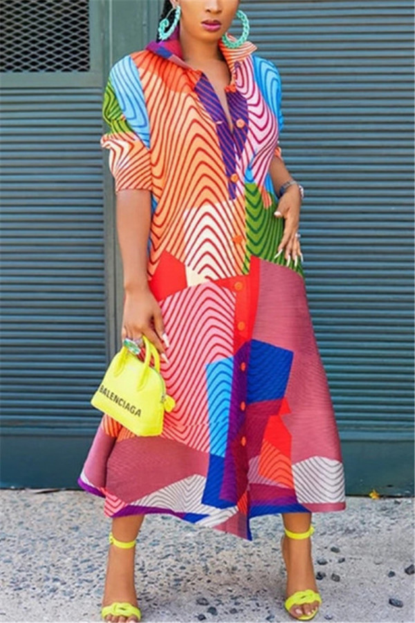 Fashion Casual Half Sleeve Turndown Collar Shirt Dress Ankle Length Print Dresses (Without Belt)
