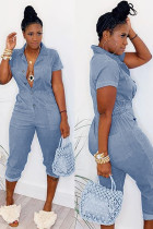 Fashion Sexy Patchwork Button Solid zipper The cowboy Short Sleeve Turndown Collar Jumpsuits