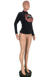 O Neck Long Sleeve Print Sequin Lips Print Tops