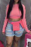 Black Pink Fluorescent Yellow O Neck Long Sleeve Patchwork Solid backless Bandage HOLLOWED OUT crop top Tops
