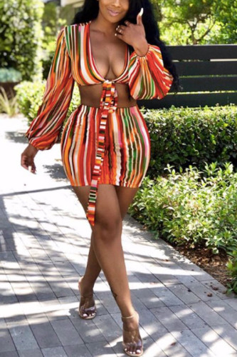 Casual Striped Print Bandage Long Sleeve Two Pieces