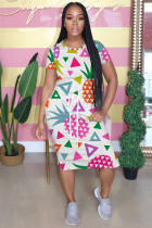 Fashion adult Street multicolor Cap Sleeve Short Sleeves O neck Step Skirt Knee-Length Print Patchwork bandage Dresses
