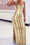 Fashion Sexy adult Green Khaki purple Dark Blue Blue and gray Off The Shoulder Sleeveless Slip Pencil Dress Ankle-Length Print Patchwork split Tie and dye Dresses