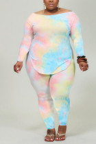 Fashion Casual adult Ma'am O Neck Tie Dye Two Piece Suits Stitching Plus Size