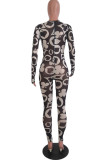 Fashion Sexy Print Patchwork perspective Mesh Long Sleeve O Neck Jumpsuits