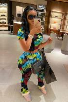 Fashion Sexy adult Patchwork Print Tie Dye Two Piece Suits Straight Short Sleeve Two Pieces