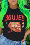 Red Black O Neck Short Sleeve Letter Patchwork Print Slim fit Lips Print Eyes Printed Tops