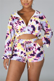Fashion Casual Long Sleeve Zipper Collar Regular Sleeve Short Print Tie Dye Two Pieces