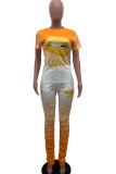 Fashion Active adult Ma'am Letter Gradient Two Piece Suits Lips Print Boot Cut Short Sleeve Two Pieces