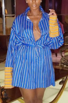 Fashion Casual Regular Sleeve Long Sleeve Turndown Collar Shirt Dress Mini Striped Print Dresses