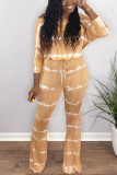 Casual street Print Striped bandage Milk. Long Sleeve one word collar Jumpsuits