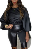 Fashion British Style Adult Faux Leather Solid Pullovers O Neck Tops