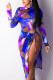 Sexy Print Bandage Tie-dye Slit O Neck Long Sleeve Mid Calf Pencil Skirt Dresses