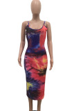 Fashion Sexy adult Red Blue Off The Shoulder Sleeveless Slip Pencil Dress Mid-Calf Print Patchwork backless Tie and dye Dresses