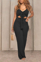 Fashion Sexy Patchwork bandage Backless Hollow Solid Sleeveless V Neck Jumpsuits