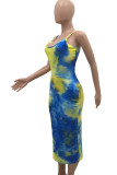 Fashion Sexy adult Red Blue Off The Shoulder Sleeveless Slip Pencil Dress Mid-Calf Print Patchwork backless Tie and dye Dresses