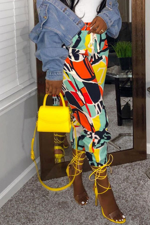 Multi-color Drawstring Sleeveless Mid Patchwork Print Straight Capris Bottoms