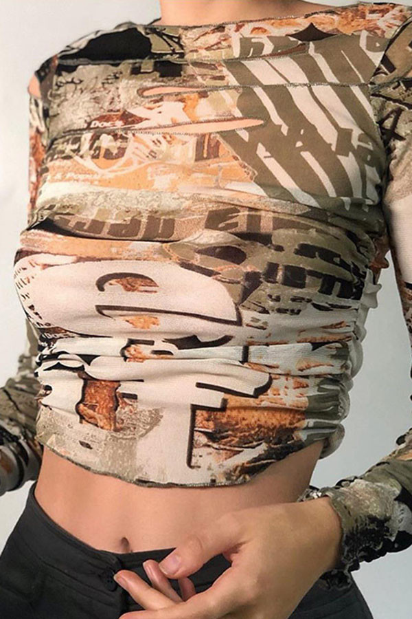 O Neck Long Sleeve Letter Print crop top Tops
