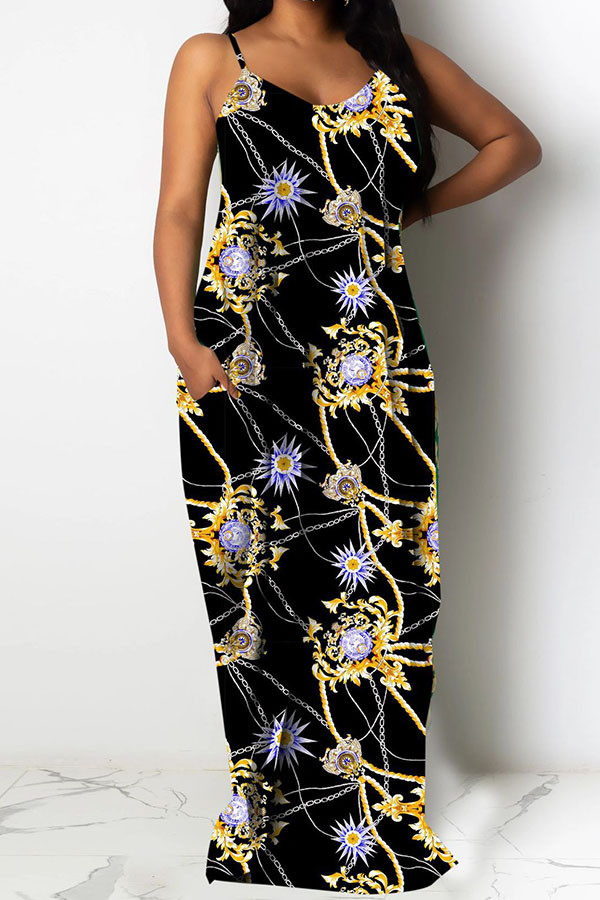 Fashion Sexy adult Ma'am Spaghetti Strap Sleeveless Slip Swagger Floor-Length Print Dresses