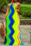 Sexy The lime green blue and yellow Sleeveless Halter Neck A-Line Floor-Length Striped Print Rainbow backless Dresses