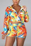 Fashion Casual Long Sleeve Zipper Collar Regular Sleeve Short Print Tie Dye Two Pieces