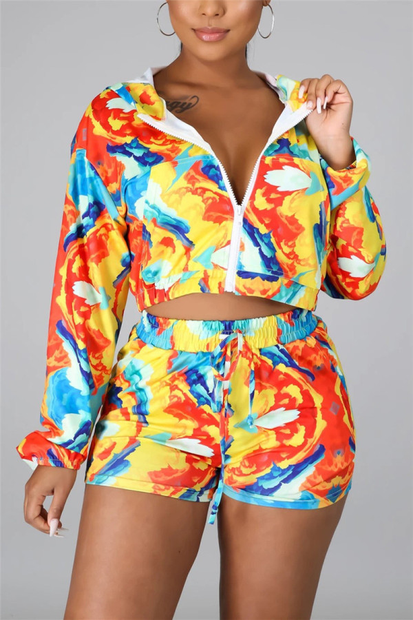 Fashion Casual Long Sleeve Zipper Collar Regular Sleeve Short Print Tie Dye Two Pieces