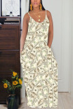 Fashion Casual Grey Green Yellow Spaghetti Strap Sleeveless Slip Swagger Floor-Length Print Dresses