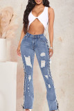 Sexy Solid Ripped Hollowed Out Patchwork High Waist Denim Jeans