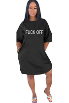 Fashion Casual adult Ma'am Black Cap Sleeve Half Sleeves O neck Step Skirt Knee-Length Print Character Dresses