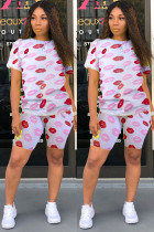 Fashion Sexy adult Ma'am Patchwork Print Character Two Piece Suits Lips Print Straight Short Sleeve Two Pieces