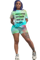 venetian Fashion Casual adult Ma'am Letter Patchwork Print Tie Dye Gradient Two Piece Suits Straight Short Sleeve Two Pieces