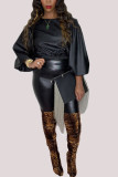 Fashion British Style Adult Faux Leather Solid Pullovers O Neck Tops