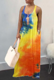 OL Orange Yellow rose red Sleeveless Slip A-Line Floor-Length Print Tie and dye Dresses