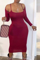 Milk. Fashion adult Ma'am OL Wine Red Off The Shoulder Long Sleeves Slip Step Skirt Mid-Calf Solid Dresses
