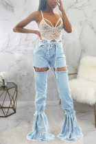 Denim Button Fly Sleeveless High Patchwork washing Hole Solid bandage Boot Cut Pants 