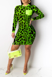 Casual Long Sleeves Step Skirt Mini Print Leopard Dresses