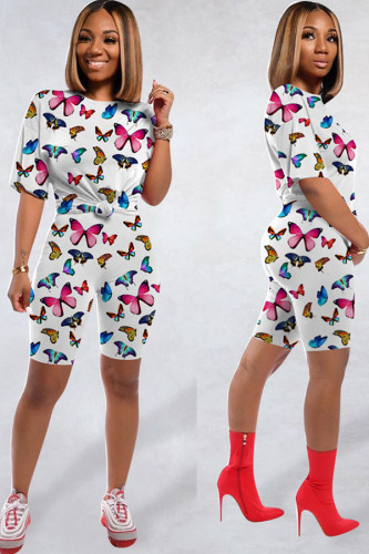 knit Fashion Sexy adult Ma'am Patchwork Print Two Piece Suits Straight Short Sleeve Two Pieces