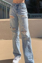 Sexy Solid Ripped Mid Waist Straight Denim
