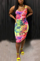 Fashion Casual colour Spaghetti Strap Sleeveless Slip Step Skirt Knee-Length Hand-painted Print Dresses