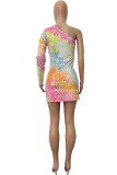 Milk. Fashion adult Ma'am Street One Shoulder Long Sleeves one shoulder collar Step Skirt skirt Print Dresses