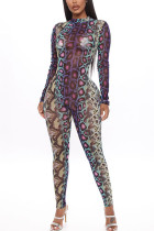 Sexy Print serpentine Long Sleeve O Neck Jumpsuits