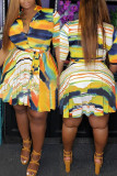 Fashion Ma'am OL Patchwork Print Stitching Turndown Collar Plus Size Dresses