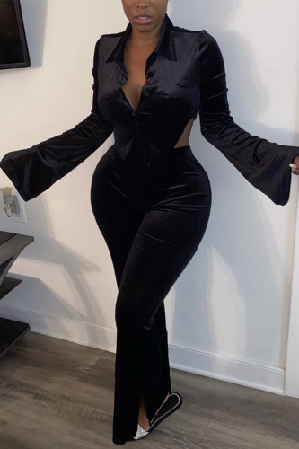 Sexy Flocking Solid Backless Slit Turndown Collar Long Sleeve Regular Sleeve Short Two Pieces