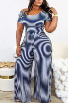 Fashion O Neck Short Sleeve Regular Sleeve Striped Print Plus Size Set