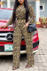 Fashion Sexy Turndown Collar Long Sleeve Regular Sleeve Print Leopard Plus Size Jumpsuits